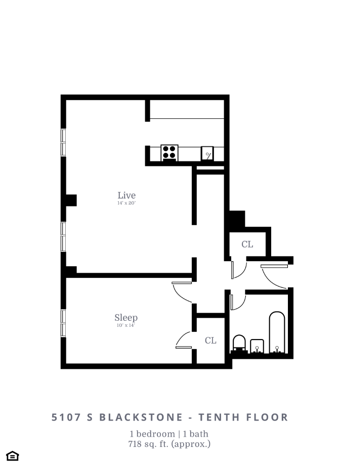 Floor plan for 1 bed, 1 bath, 749 sqft